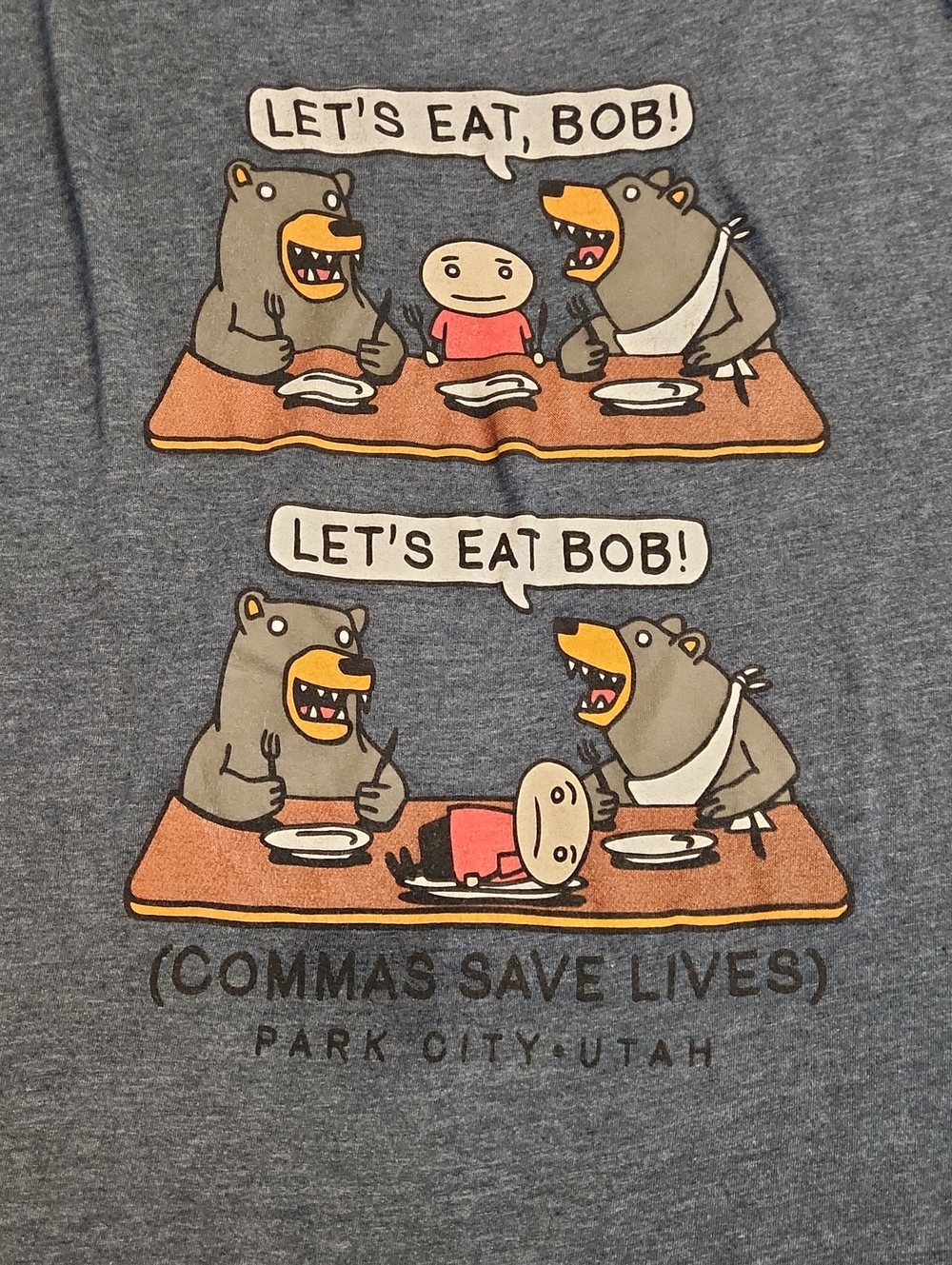 Pinctuation Matters :  Men's Grey Graphic Tee — 'Let's Eat, Bob!' Cartoon Print